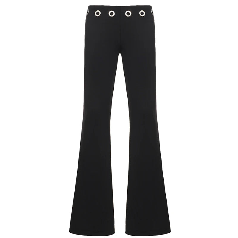 SUCHCUTE Women Low Waist Metal Eyelet Ring Decor Flare Pants Punk Club Streetwear Long Trousers Y2K Slim Bell Bottom Autumn Chic
