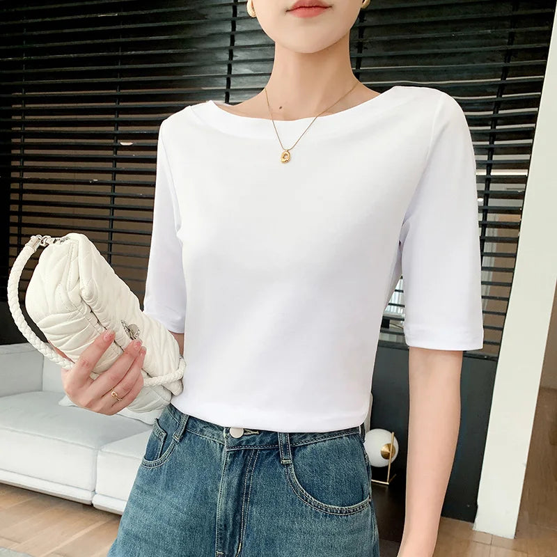 Summer New 100% Cotton Word-Neck T-shirt Women's Short-Sleeved Fashion Bottoming With Solid Color Slimming Top