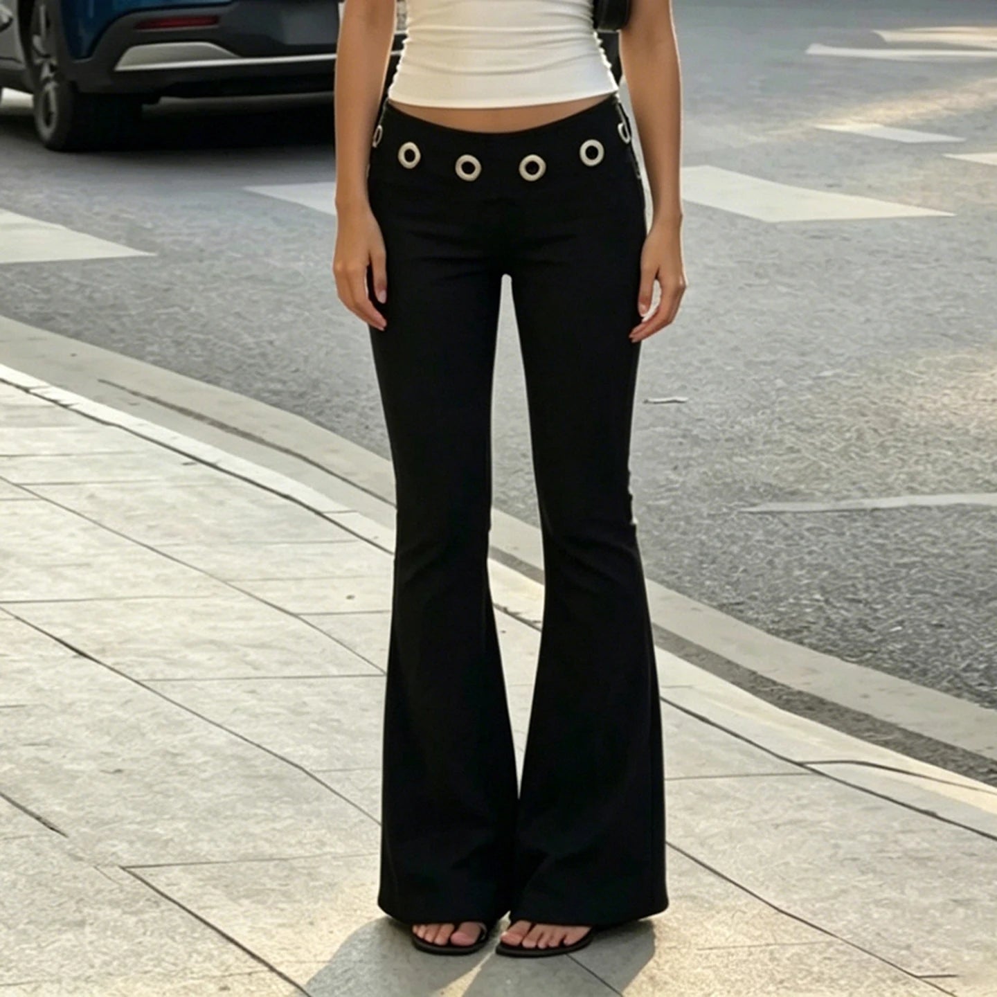 SUCHCUTE Women Low Waist Metal Eyelet Ring Decor Flare Pants Punk Club Streetwear Long Trousers Y2K Slim Bell Bottom Autumn Chic