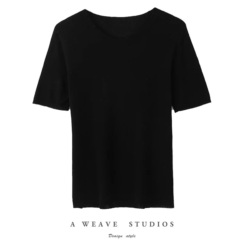 Summer New Short-Sleeved Round Neck Knitting Sweater Women's Ice Silk Thin Casual Wool T-Shirt Loose Temperament Top