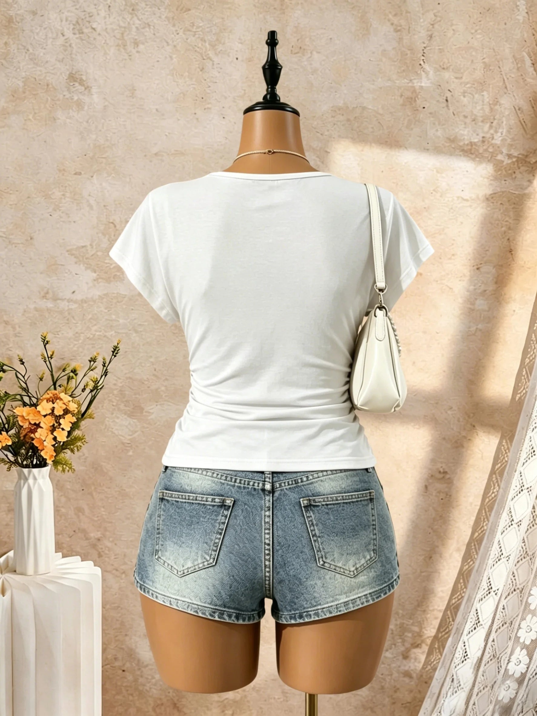 Women Deep V Neck Dolman Short Sleeve Side Ruched Slim Fit Cropped T Shirt 2026 Summer Y2K Solid White Casual Vacation Streetwea