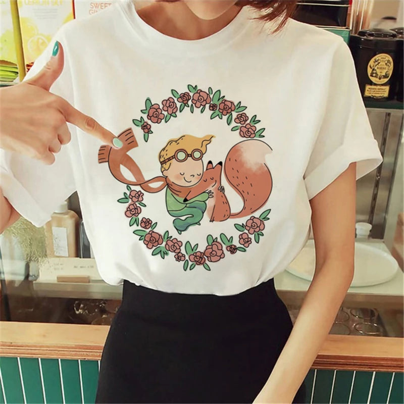 Cartoon T-shirt Anime Printed Pattern Women's T-shirt Rose Pattern Women's T-shirt Round Neck Short Sleeve