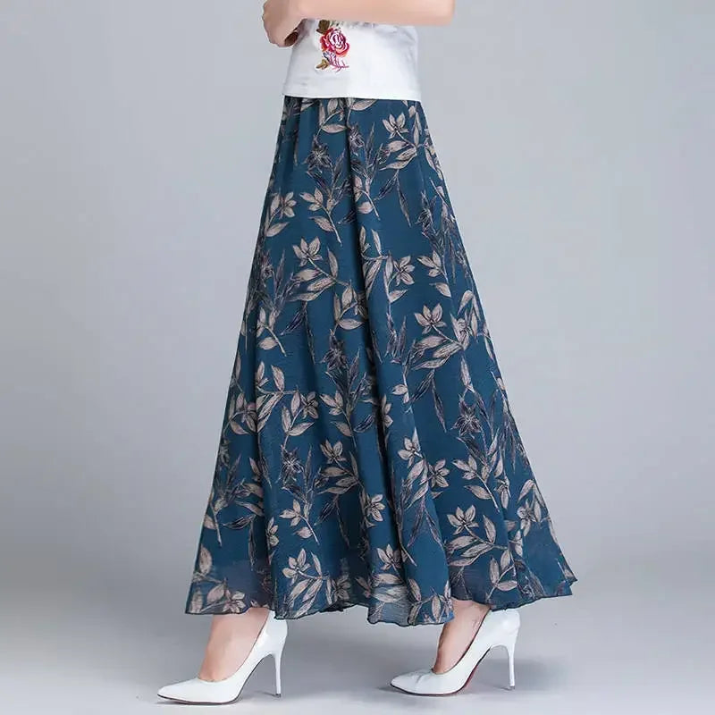 Chiffon Skirts Ink Painting Print Spring Summer Floral Long Skirt Elegant Chic A-Line Full Length Skirt Ankle Beach Skirts Zmzb