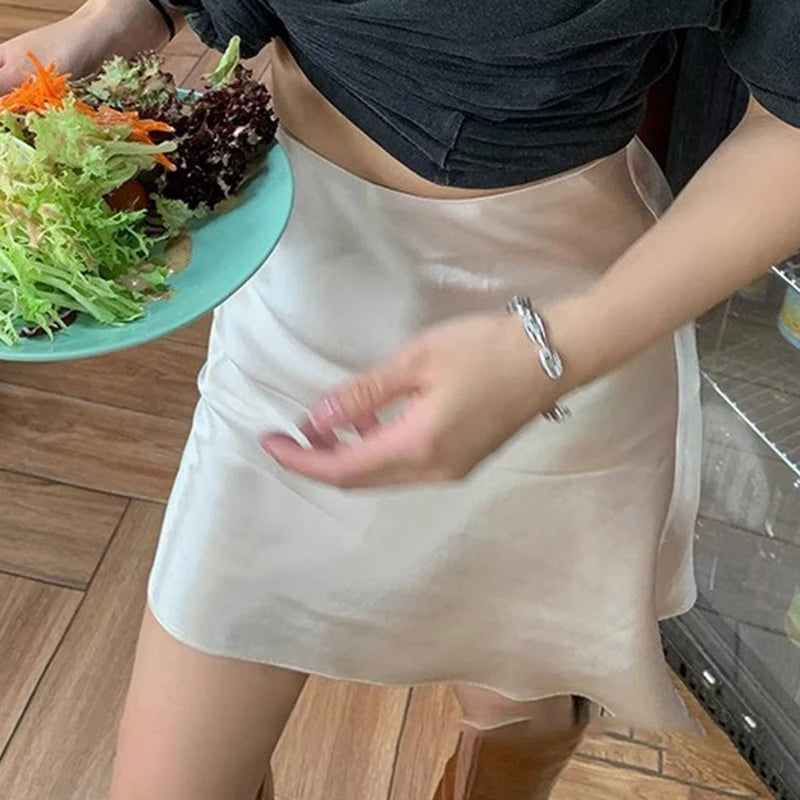Female Classic High Waist Acetate Satin Skirts Lady Solid Color Party Dresses Girls Korean Fashion Thin A-Line Skirts