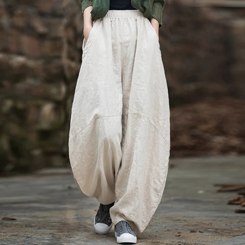 Elegant Women's Cotton Linen Baggy Cargo Pants Vintage Elastic...