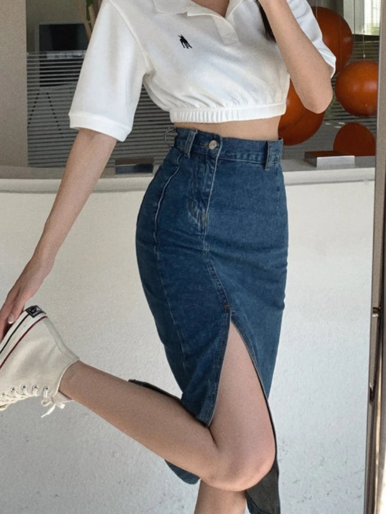 Korean Style Slim Bodycon Blue Skirts For Women 2026 Spring Sum...