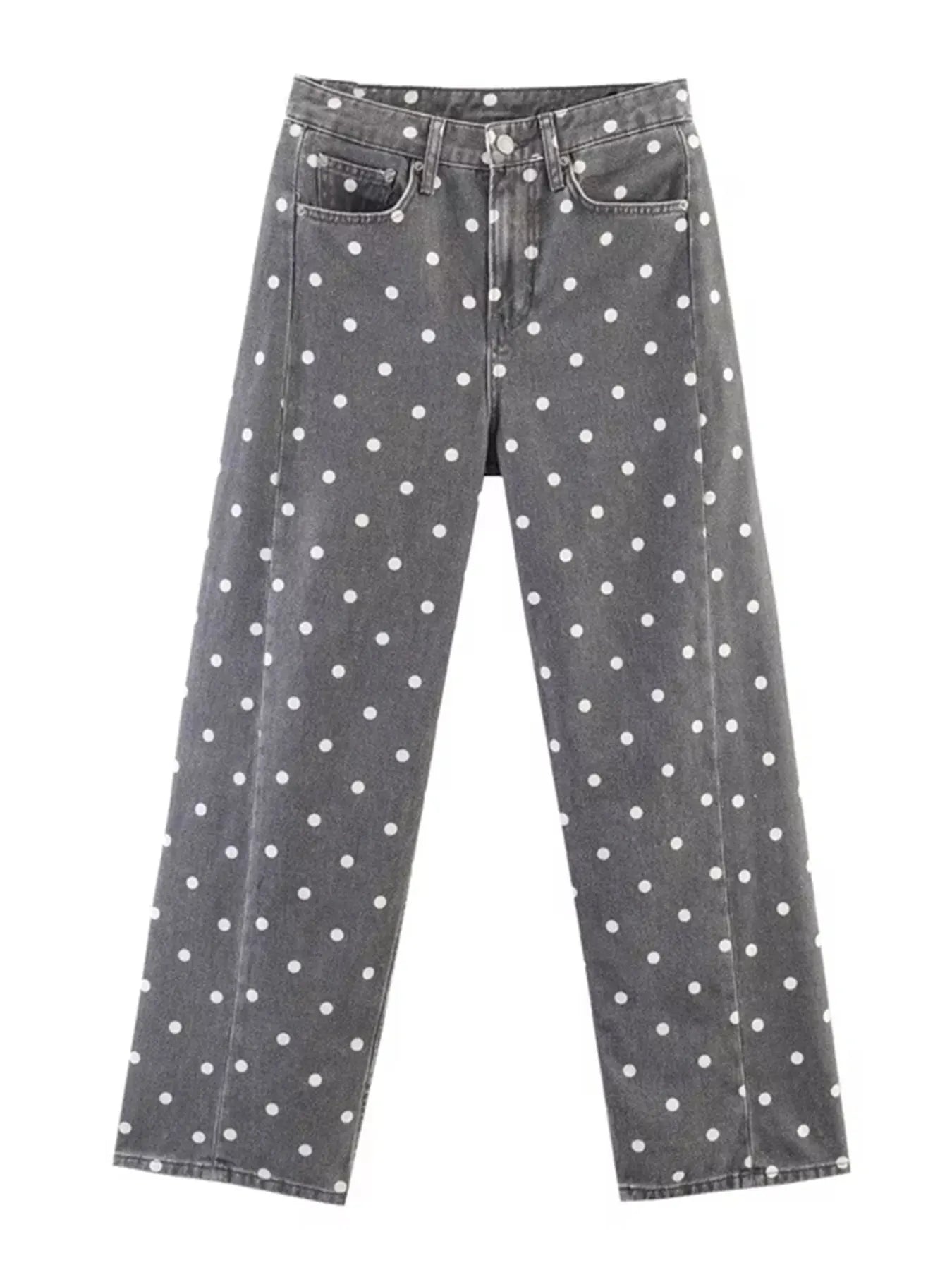 HH Women Fashion Polka Dot Grey Jeans High Waist Straight Denim Pants Spring Autumn Woman Casual Street Commuter Chic Trousers