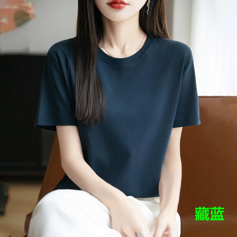High-End Cool Mercerized Cotton Short-Sleeved T-shirt Women's Solid Color Half Sleeve Bottoming T-Shirt Top