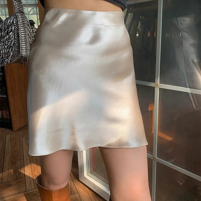 Female Classic High Waist Acetate Satin Skirts Lady Solid Color Party Dresses Girls Korean Fashion Thin A-Line Skirts