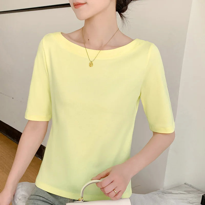 Summer New 100% Cotton Word-Neck T-shirt Women's Short-Sleeved...
