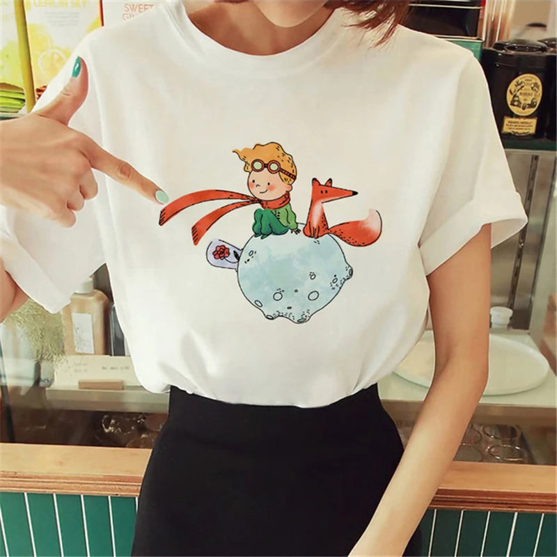 Cartoon T-shirt Anime Printed Pattern Women's T-shirt Rose Pattern Women's T-shirt Round Neck Short Sleeve