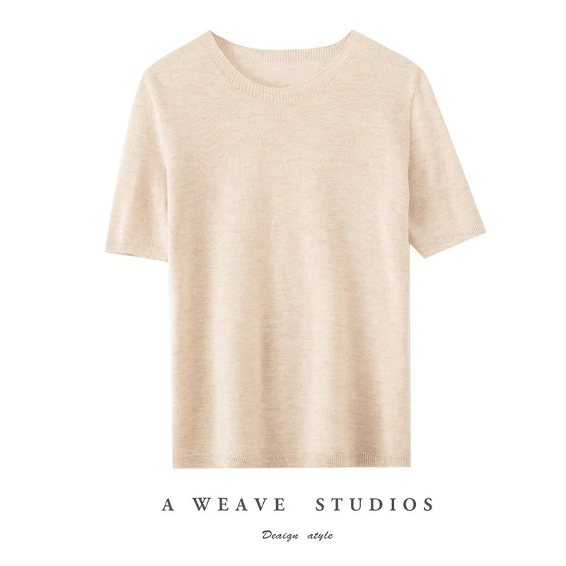 Summer New Short-Sleeved Round Neck Knitting Sweater Women's Ice Silk Thin Casual Wool T-Shirt Loose Temperament Top