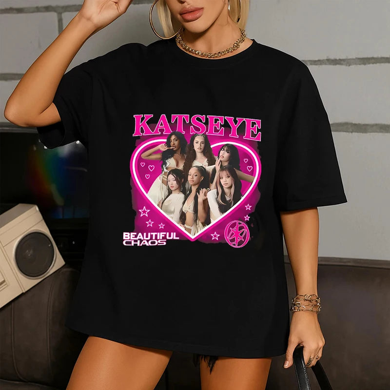 Hot Katseye Funny Print T-shirt Women Men Casual Graphic Tees Tops Unisex O-neck Short Sleeve T Shirt Gothic Y2k Tshirt Clothes