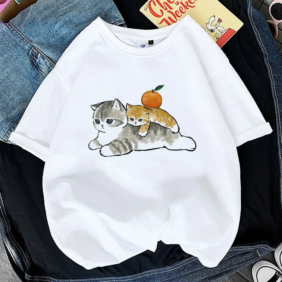 Tops Woman 2024 T Shirt Kawaii Cat Shark Print T-shirt Summer Korean Harajuku Fashion Short Sleeve Tee Funny Animal Graphic Tee