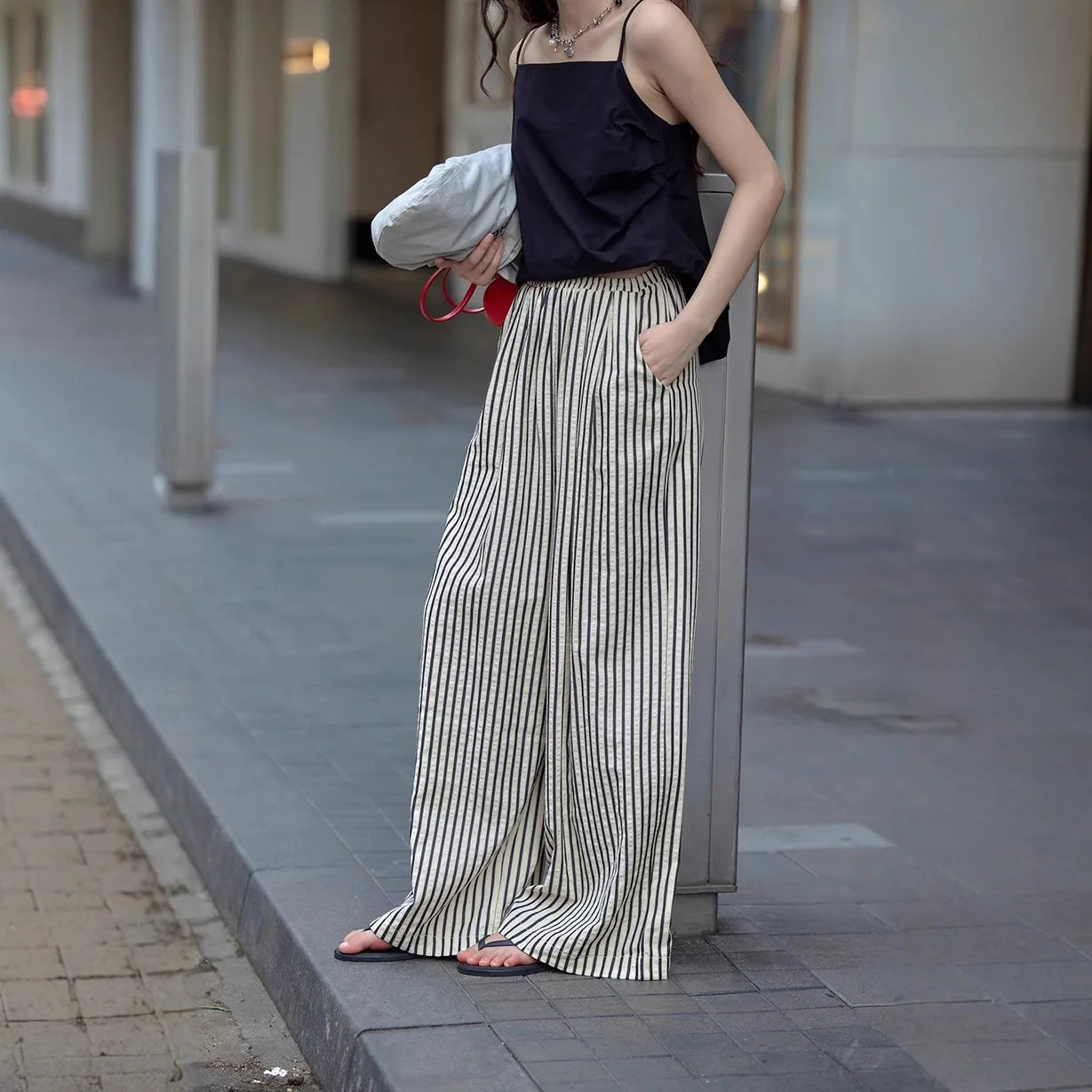 American Style Retro Vertical Stripe Drawstring Wide Leg Pants High Waist Dipping Loose Straight Casual Pants