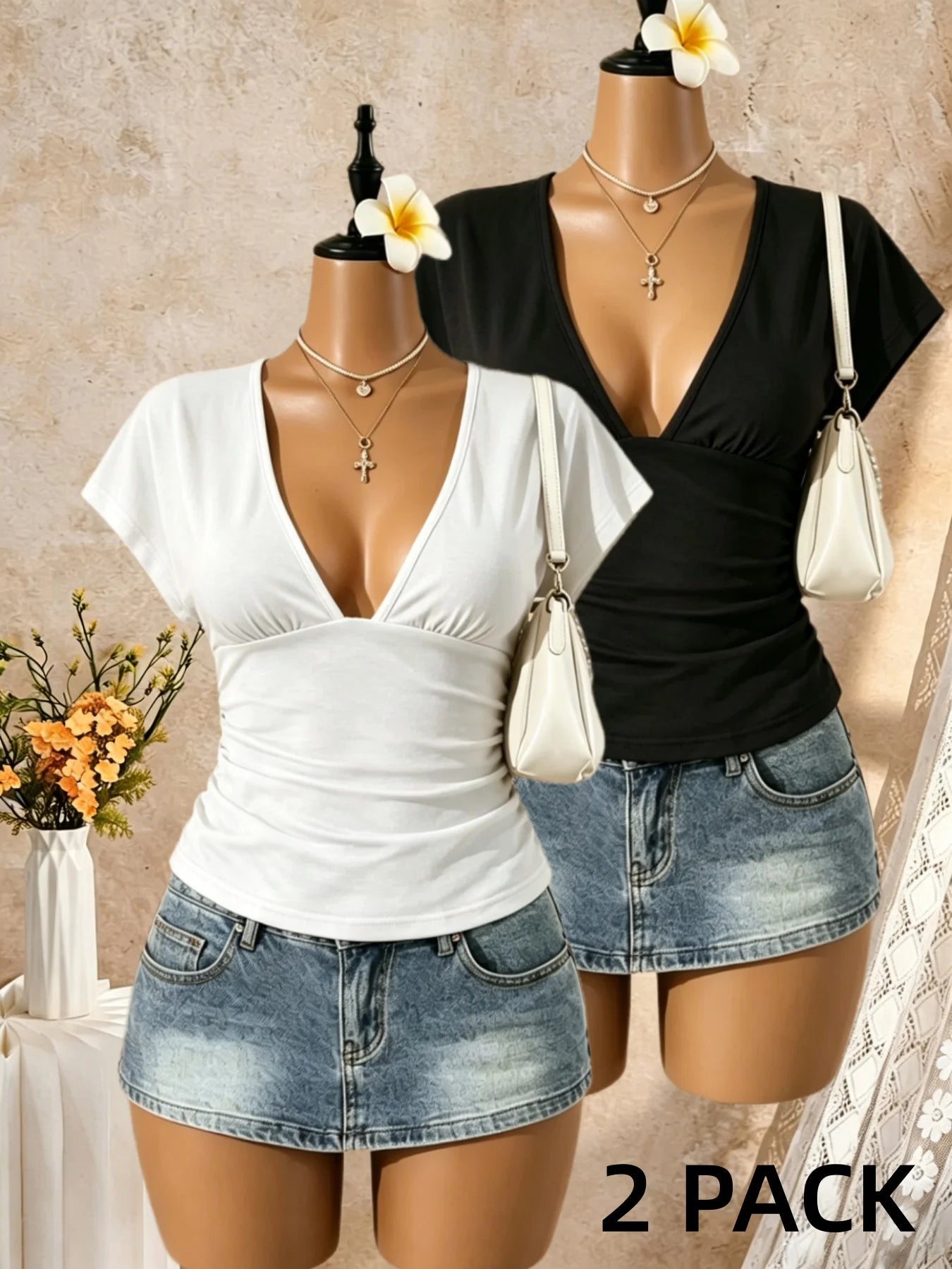 2 Pack Multi-color Women Cap Sleeve Deep V Side Ruched Slim Cropped T Shirt 2026 Summer Y2K Going Out Tops Solid Bodycon Club St