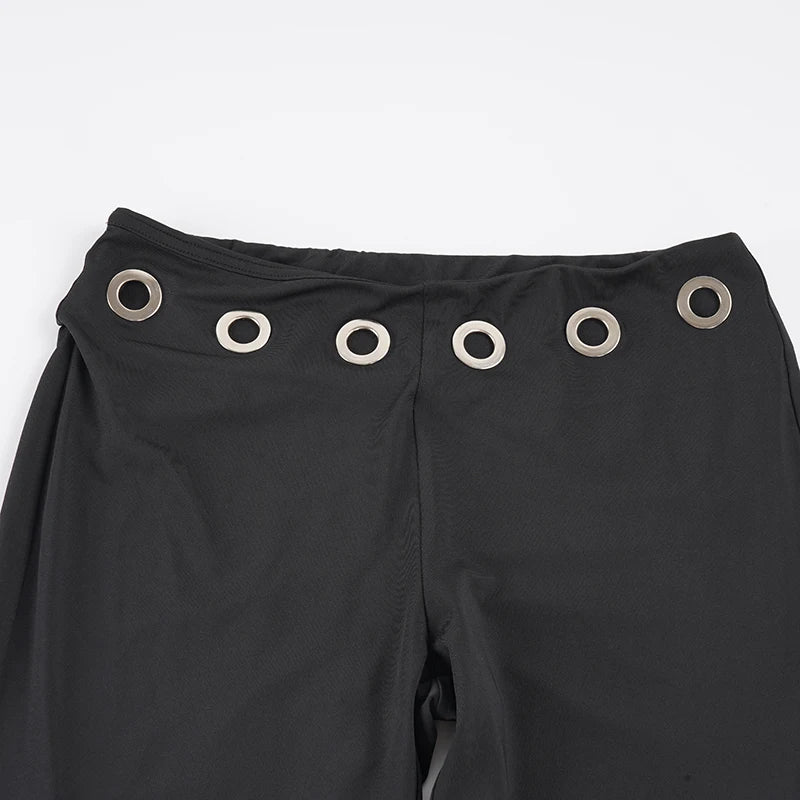 SUCHCUTE Women Low Waist Metal Eyelet Ring Decor Flare Pants Punk Club Streetwear Long Trousers Y2K Slim Bell Bottom Autumn Chic