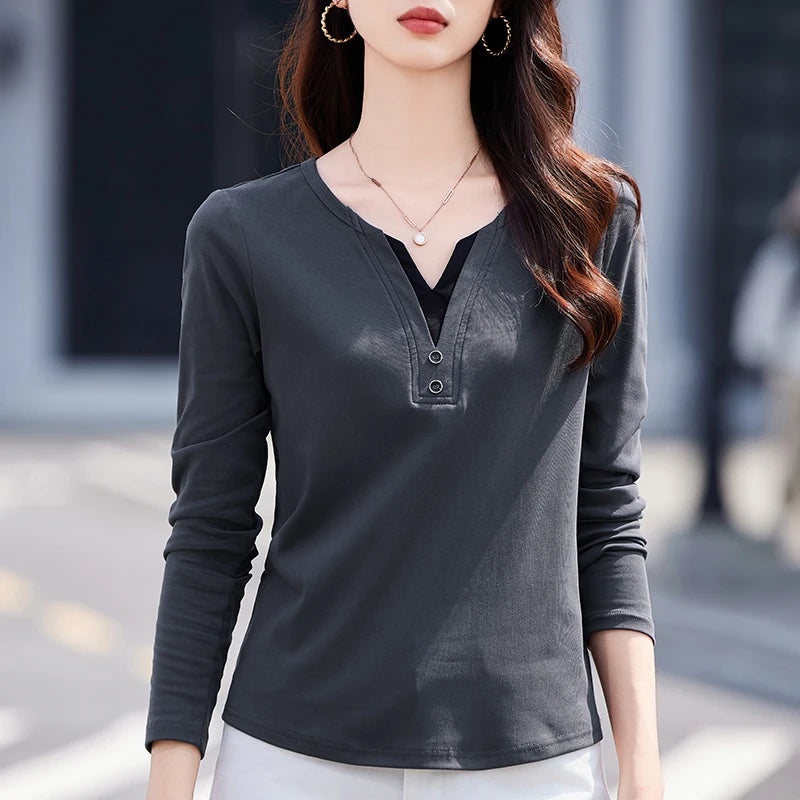 Korean style pink long sleeved t-shirt for women's autumn new cotton fashion plus size button slim fit fake two-piece V-neck top