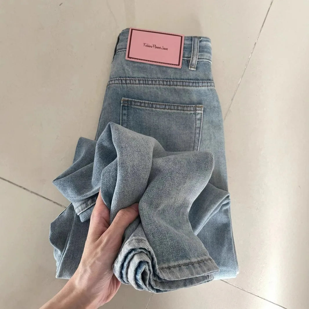Summer new thin drapey denim pants for petite women, high-waisted, loose-fitting, slimming, versatile straight-leg pants