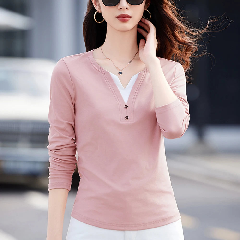 Korean style pink long sleeved t-shirt for women's autumn new cotton fashion plus size button slim fit fake two-piece V-neck top