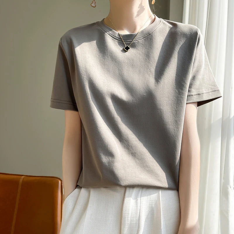 High-End Cool Mercerized Cotton Short-Sleeved T-shirt Women's Solid Color Half Sleeve Bottoming T-Shirt Top