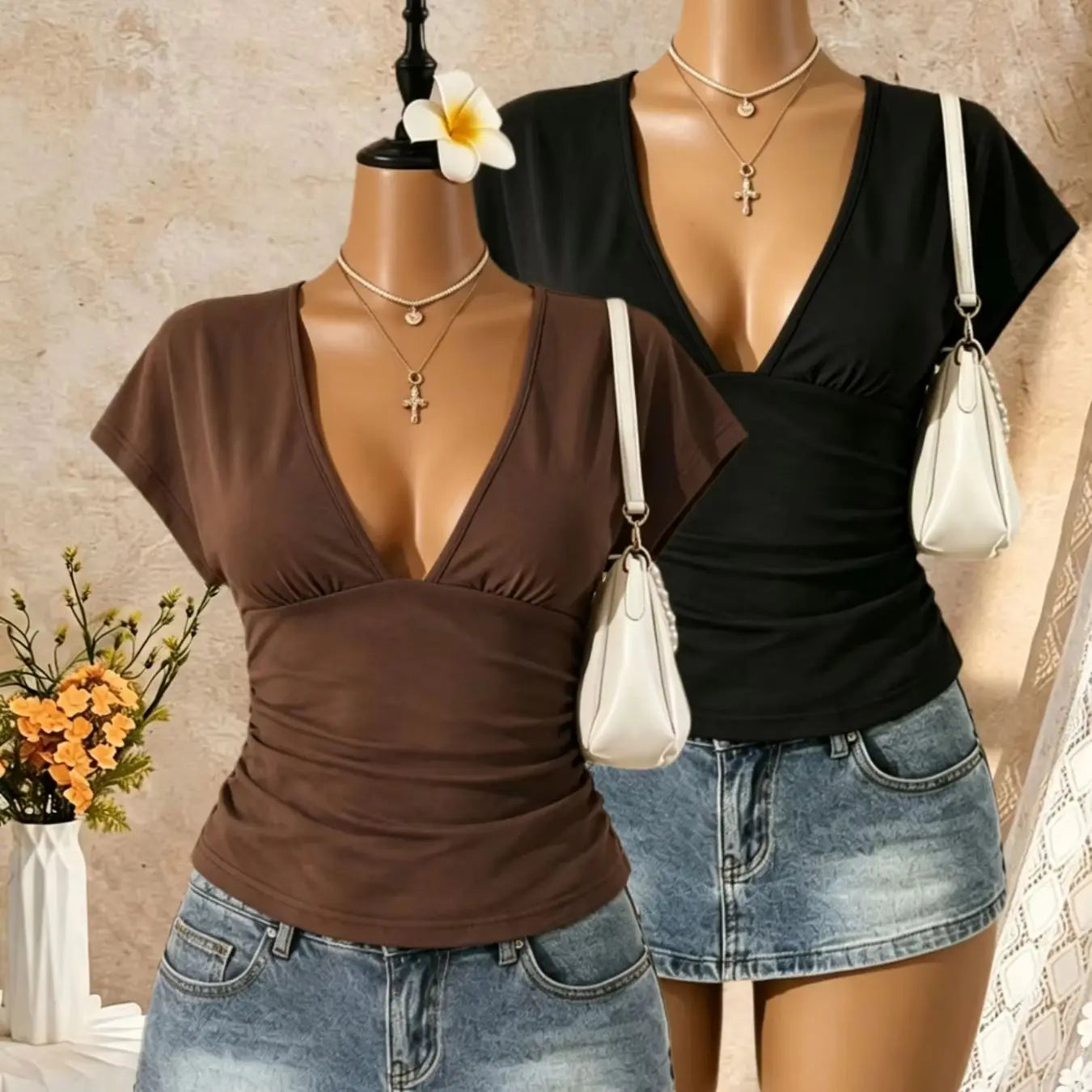 2 Pack Multi-color Women Cap Sleeve Deep V Side Ruched Slim Cropped T Shirt 2026 Summer Y2K Going Out Tops Solid Bodycon Club St