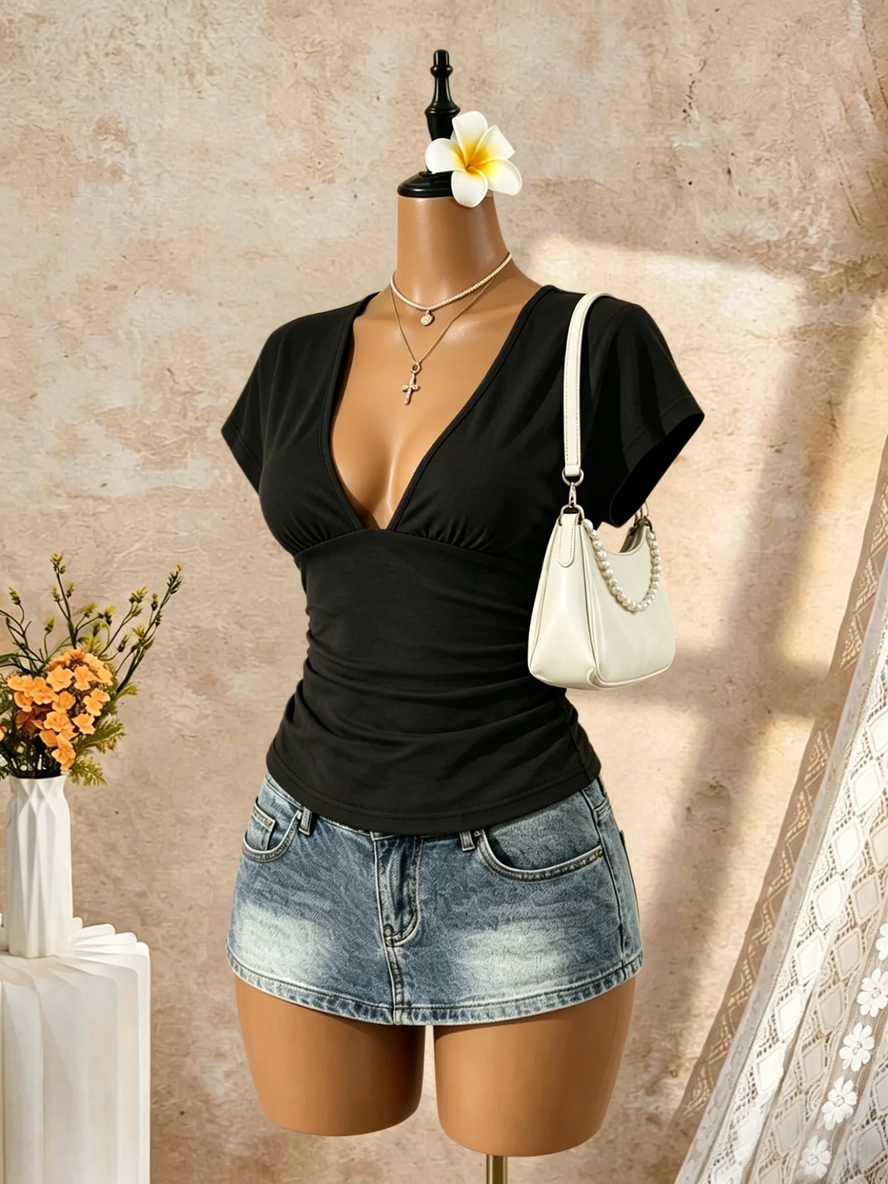 2 Pack Multi-color Women Cap Sleeve Deep V Side Ruched Slim Cropped T Shirt 2026 Summer Y2K Going Out Tops Solid Bodycon Club St