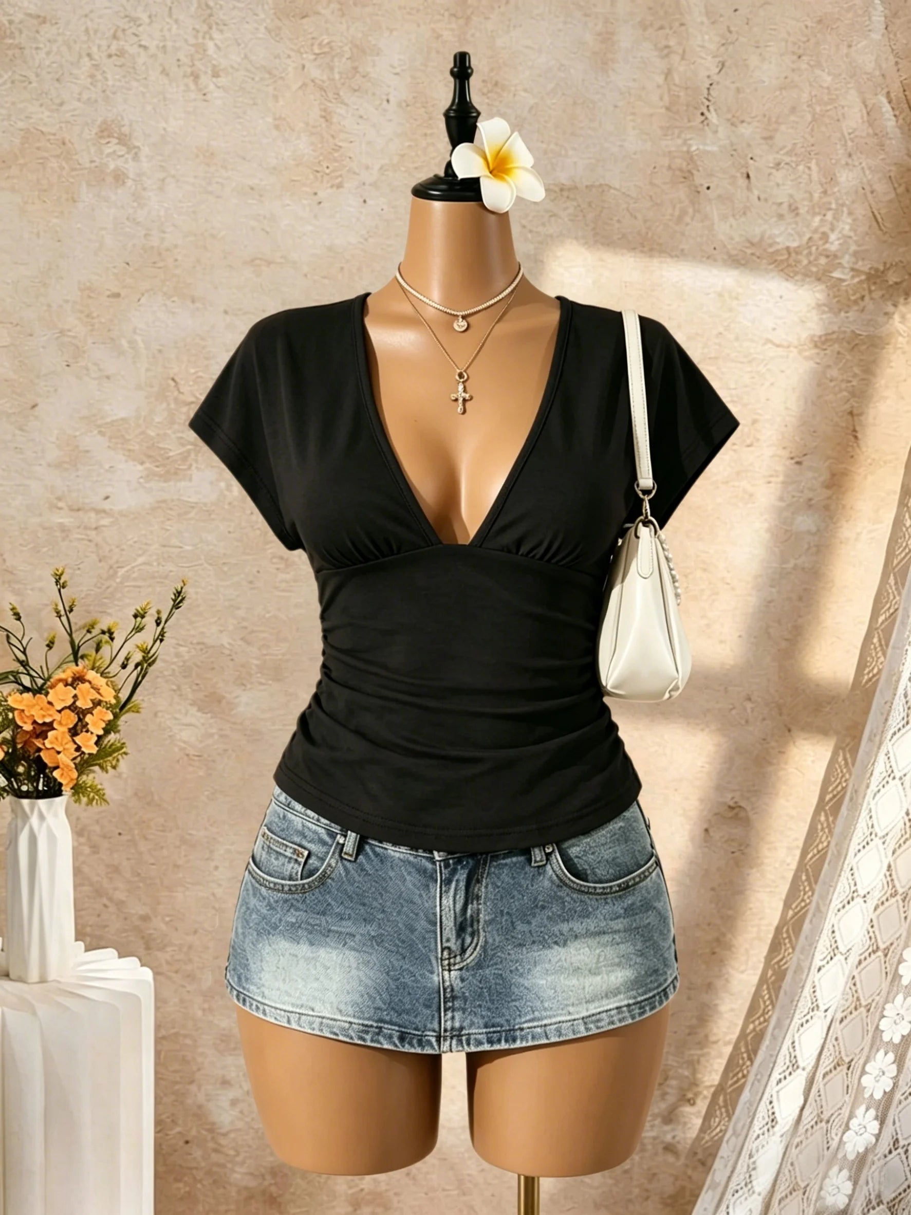 Women Deep V Neck Dolman Short Sleeve Side Ruched Slim Fit Cropped T Shirt 2026 Summer Y2K Solid White Casual Vacation Streetwea