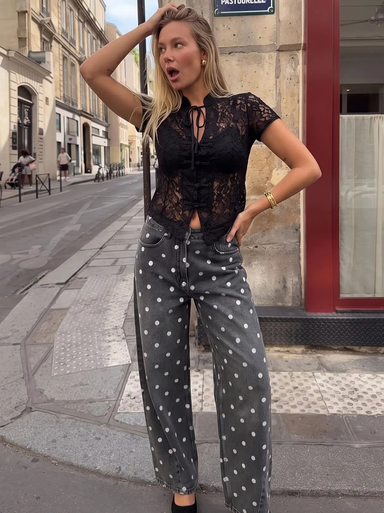 HH Women Fashion Polka Dot Grey Jeans High Waist Straight Denim Pants Spring Autumn Woman Casual Street Commuter Chic Trousers