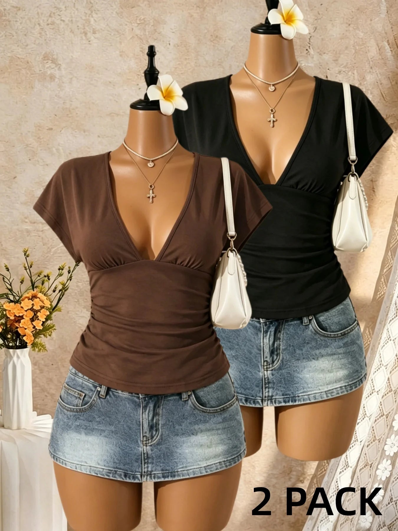 2 Pack Multi-color Women Cap Sleeve Deep V Side Ruched Slim Cropped T Shirt 2026 Summer Y2K Going Out Tops Solid Bodycon Club St