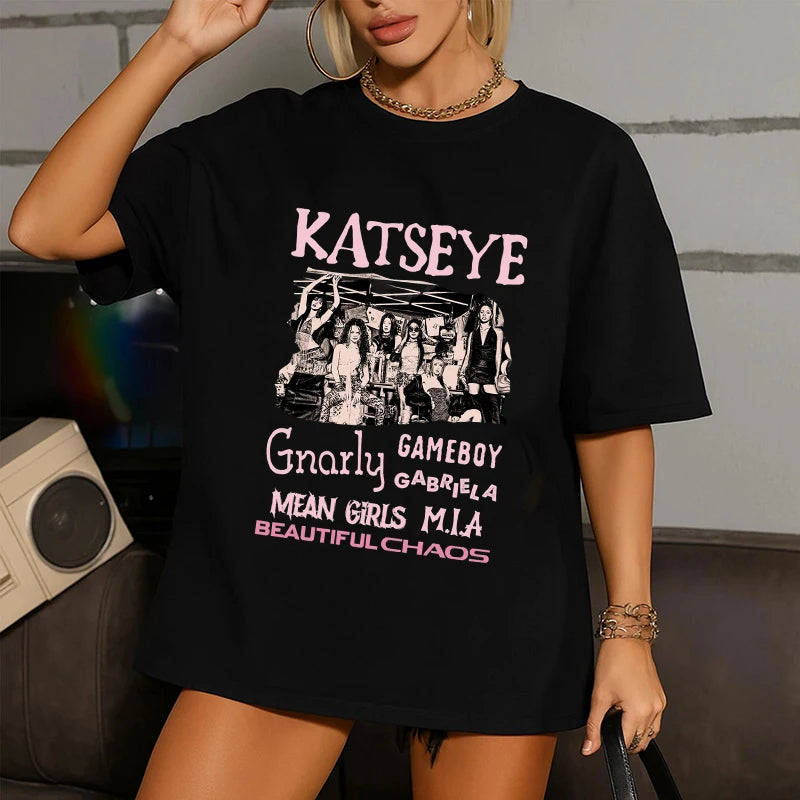 Hot Katseye Funny Print T-shirt Women Men Casual Graphic Tees Tops Unisex O-neck Short Sleeve T Shirt Gothic Y2k Tshirt Clothes