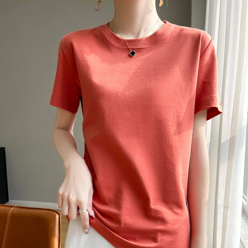 High-End Cool Mercerized Cotton Short-Sleeved T-shirt Women's Solid Color Half Sleeve Bottoming T-Shirt Top