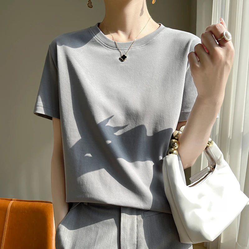 High-End Cool Mercerized Cotton Short-Sleeved T-shirt Women's Solid Color Half Sleeve Bottoming T-Shirt Top