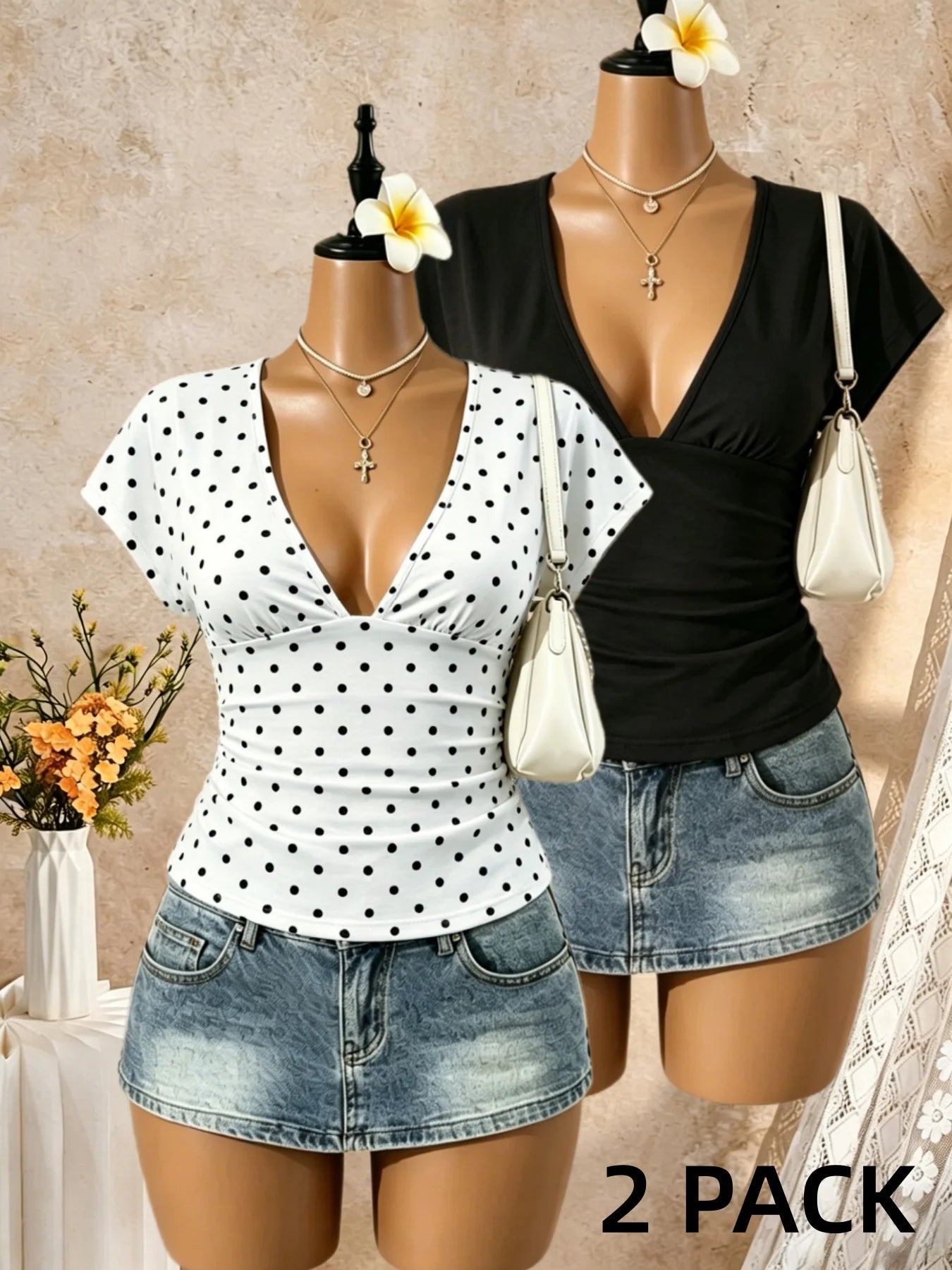 2 Pack Multi-color Women Cap Sleeve Deep V Side Ruched Slim Cropped T Shirt 2026 Summer Y2K Going Out Tops Solid Bodycon Club St