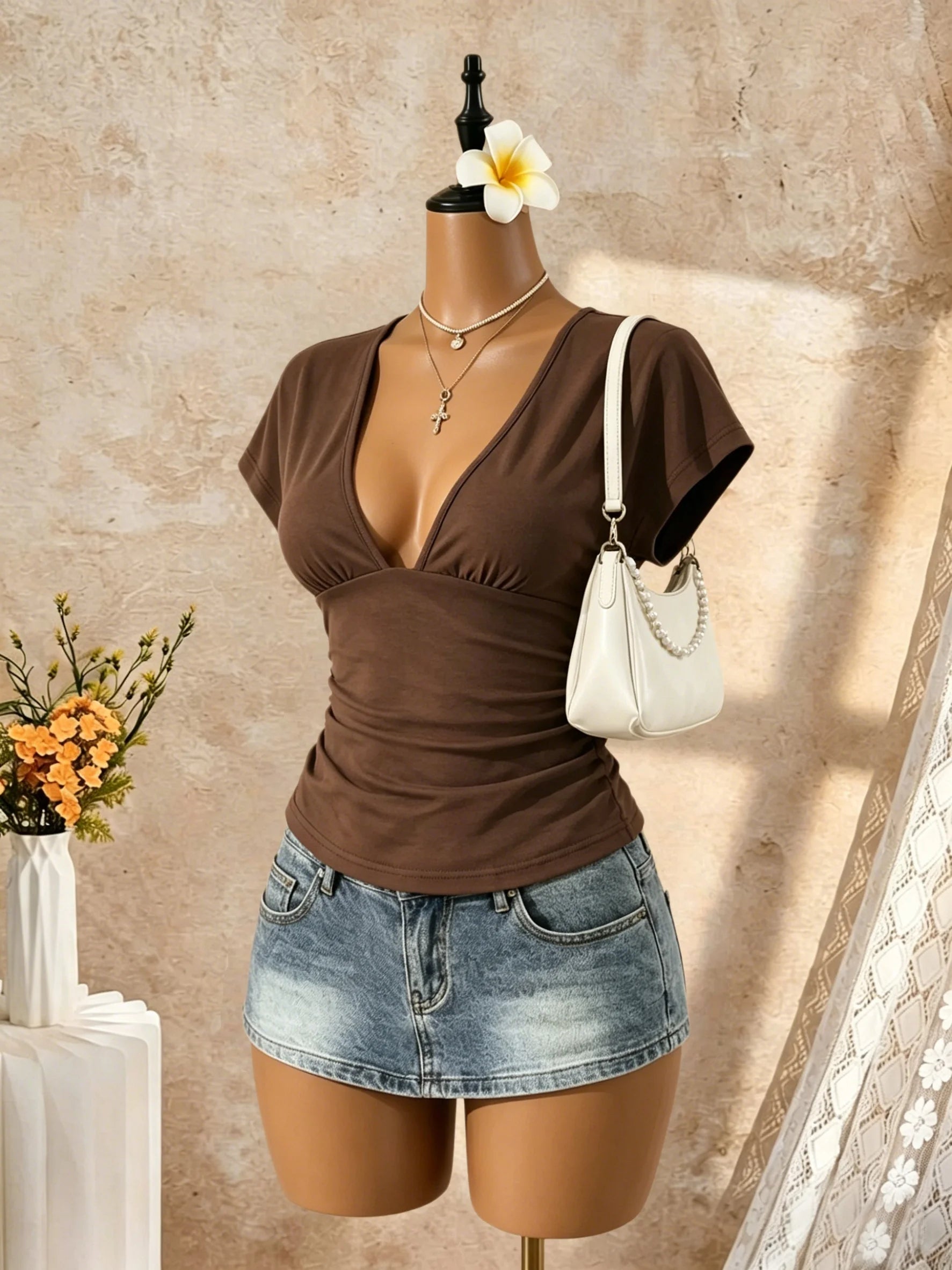 2 Pack Multi-color Women Cap Sleeve Deep V Side Ruched Slim Cropped T Shirt 2026 Summer Y2K Going Out Tops Solid Bodycon Club St