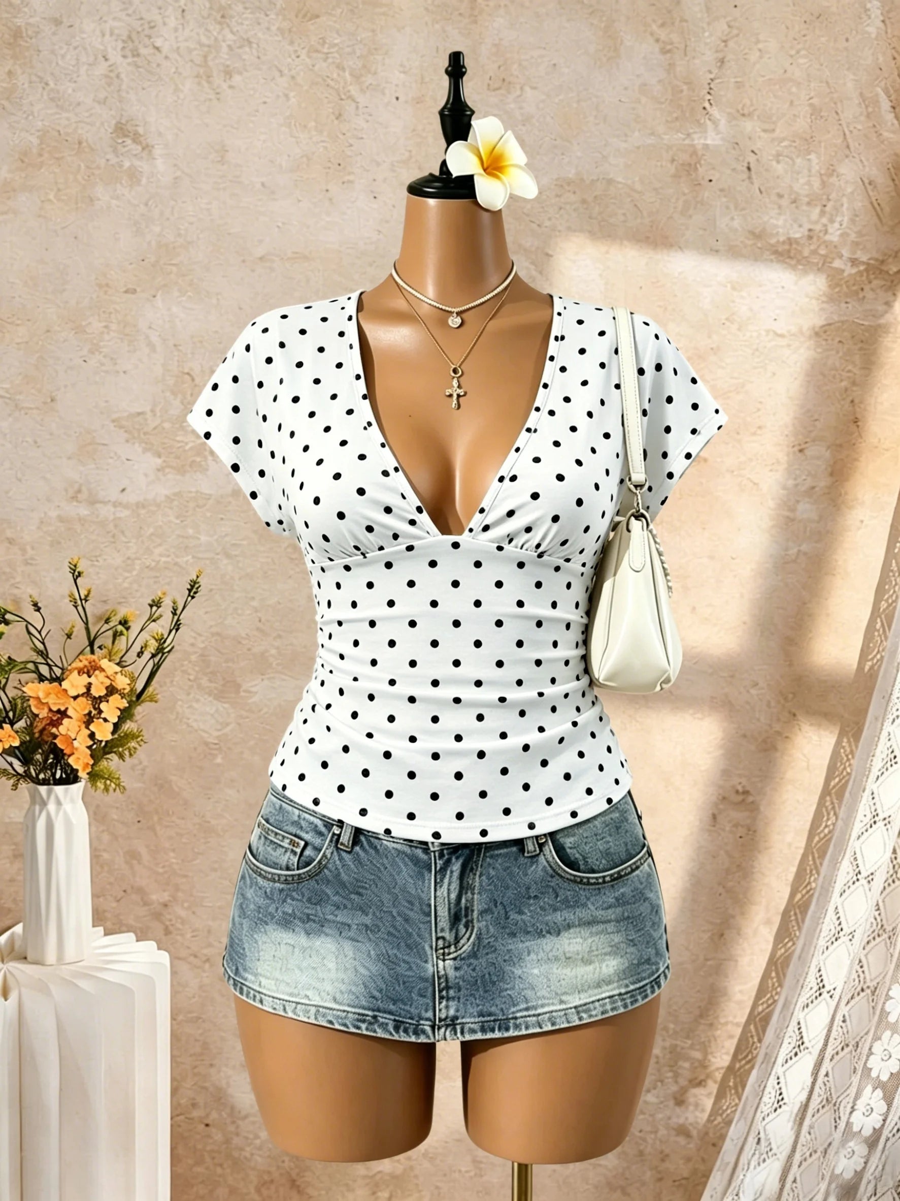 Women Deep V Neck Dolman Short Sleeve Side Ruched Slim Fit Cropped T Shirt 2026 Summer Y2K Solid White Casual Vacation Streetwea