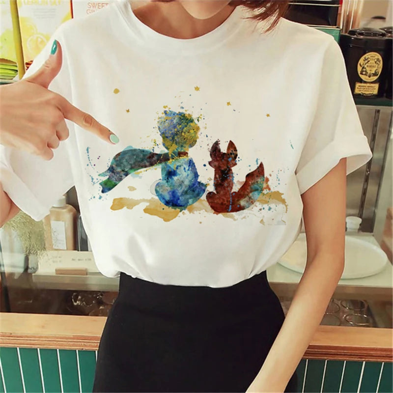Cartoon T-shirt Anime Printed Pattern Women's T-shirt Rose Pattern Women's T-shirt Round Neck Short Sleeve