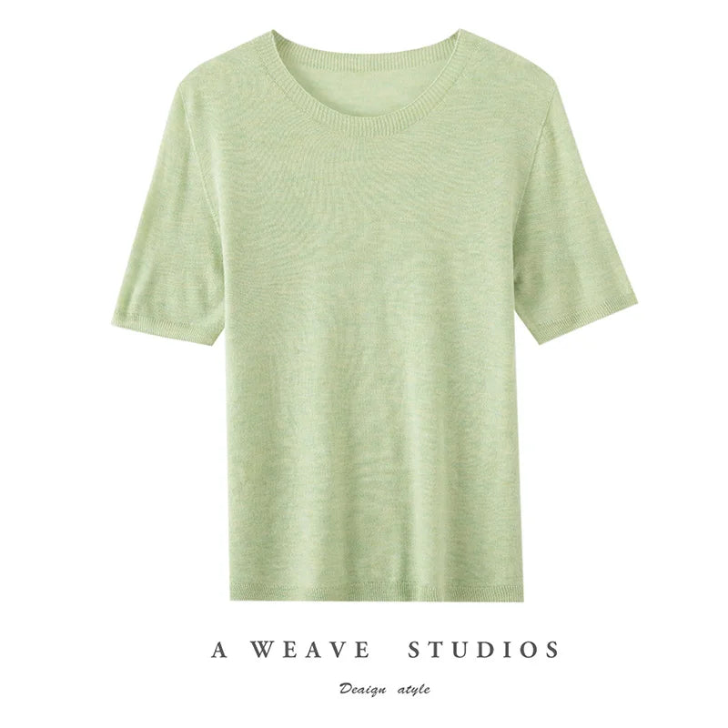 Summer New Short-Sleeved Round Neck Knitting Sweater Women's Ice Silk Thin Casual Wool T-Shirt Loose Temperament Top