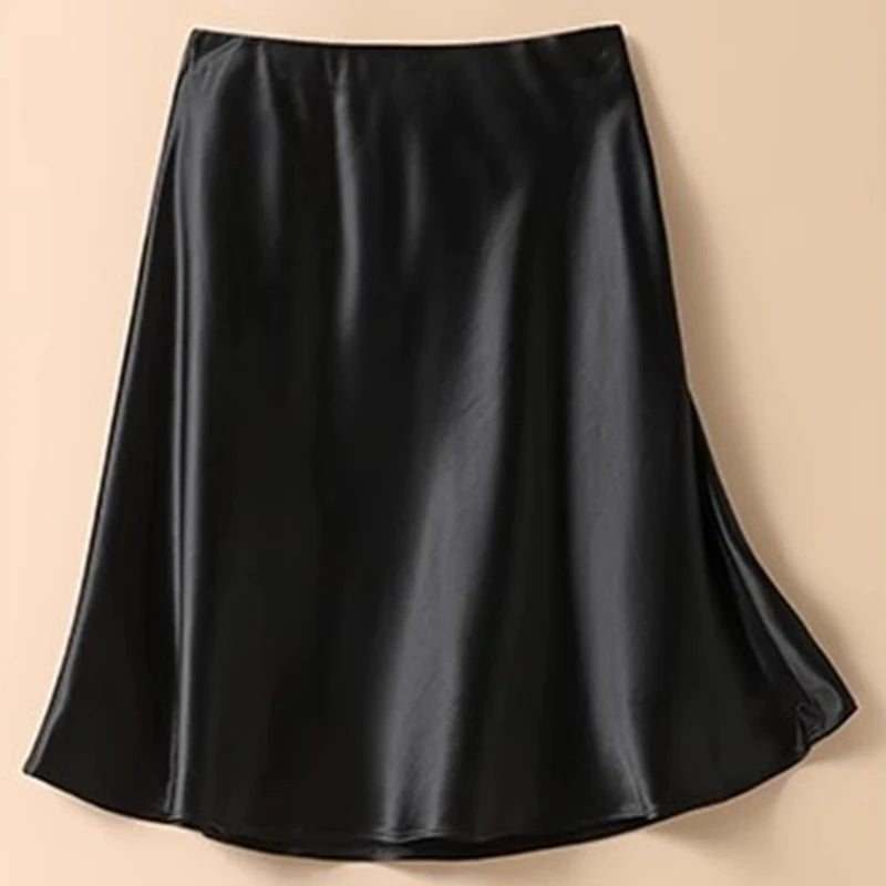 Female Classic High Waist Acetate Satin Skirts Lady Solid Color Party Dresses Girls Korean Fashion Thin A-Line Skirts