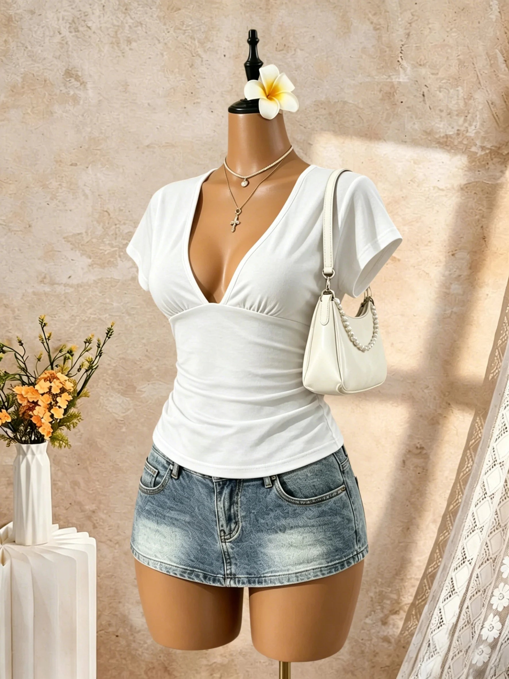 Women Deep V Neck Dolman Short Sleeve Side Ruched Slim Fit Cropped T Shirt 2026 Summer Y2K Solid White Casual Vacation Streetwea