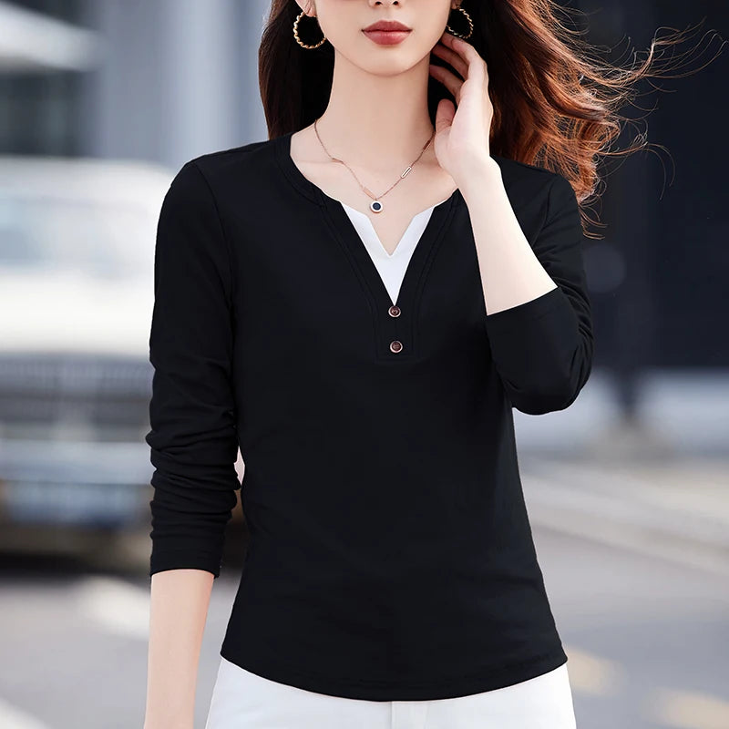 Korean style pink long sleeved t-shirt for women's autumn new cotton fashion plus size button slim fit fake two-piece V-neck top