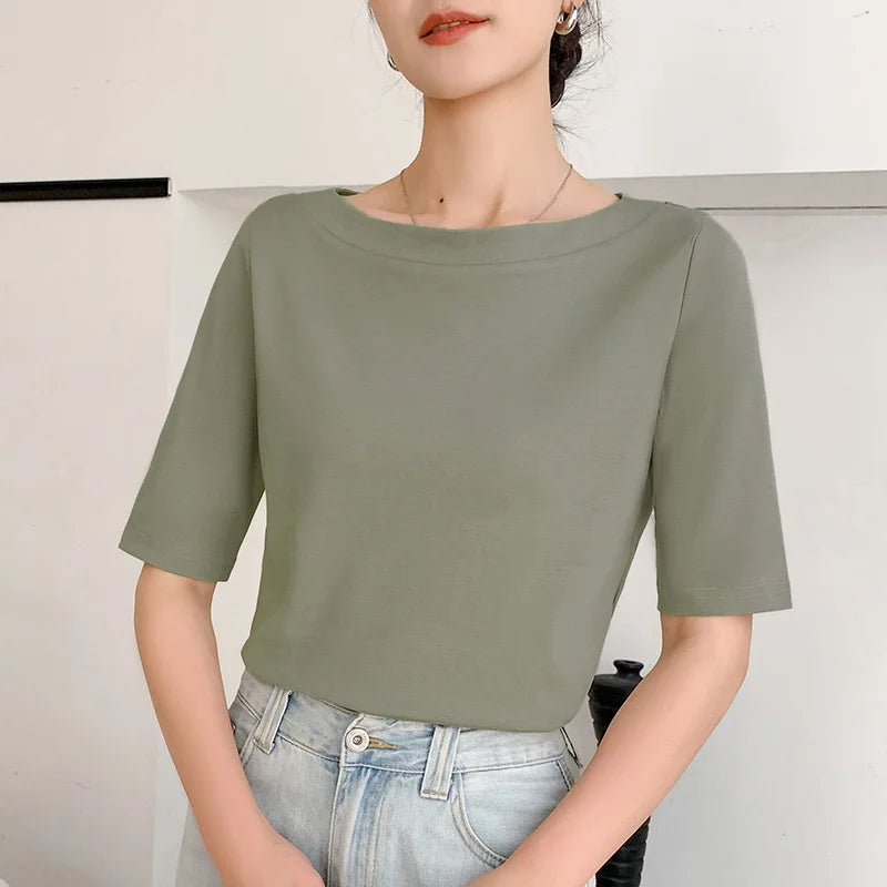 Summer New 100% Cotton Word-Neck T-shirt Women's Short-Sleeved Fashion Bottoming With Solid Color Slimming Top