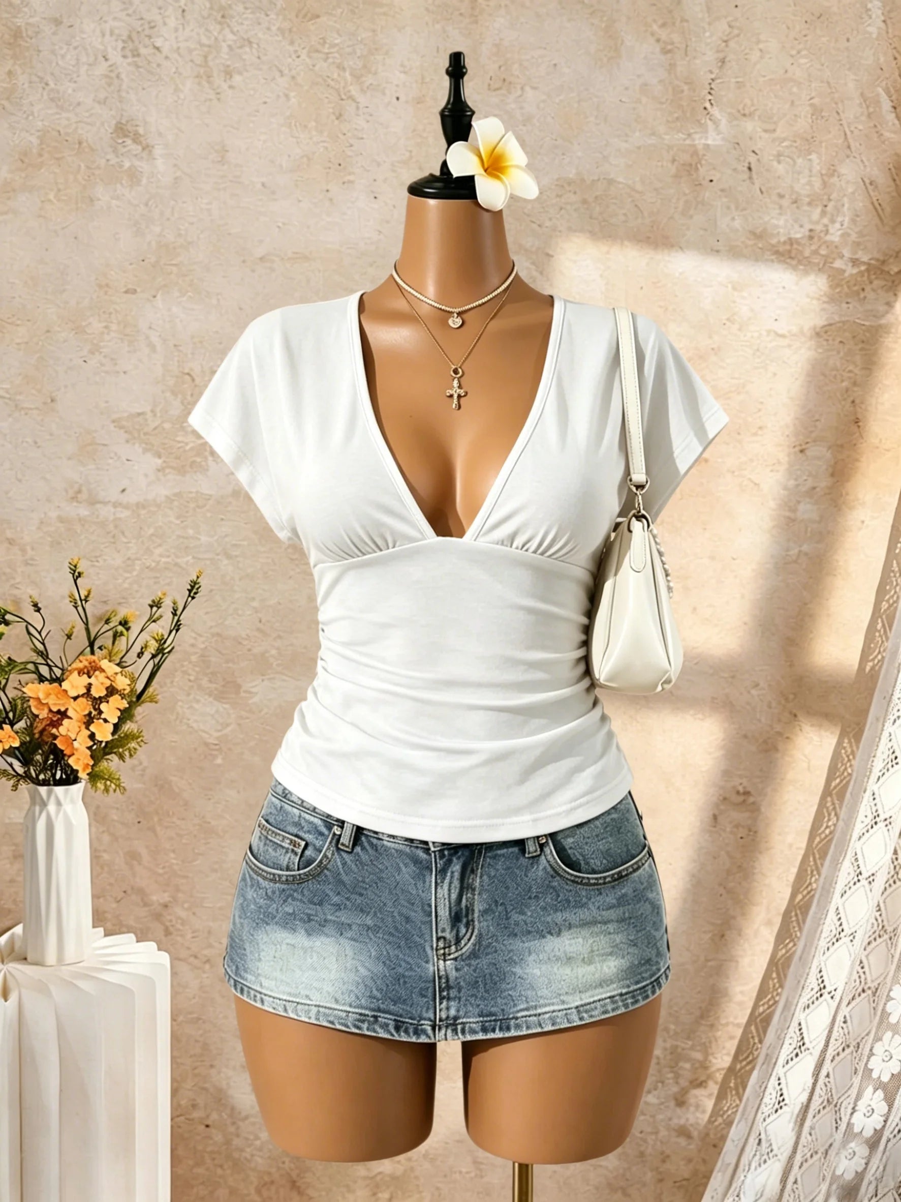 Women Deep V Neck Dolman Short Sleeve Side Ruched Slim Fit Crop...