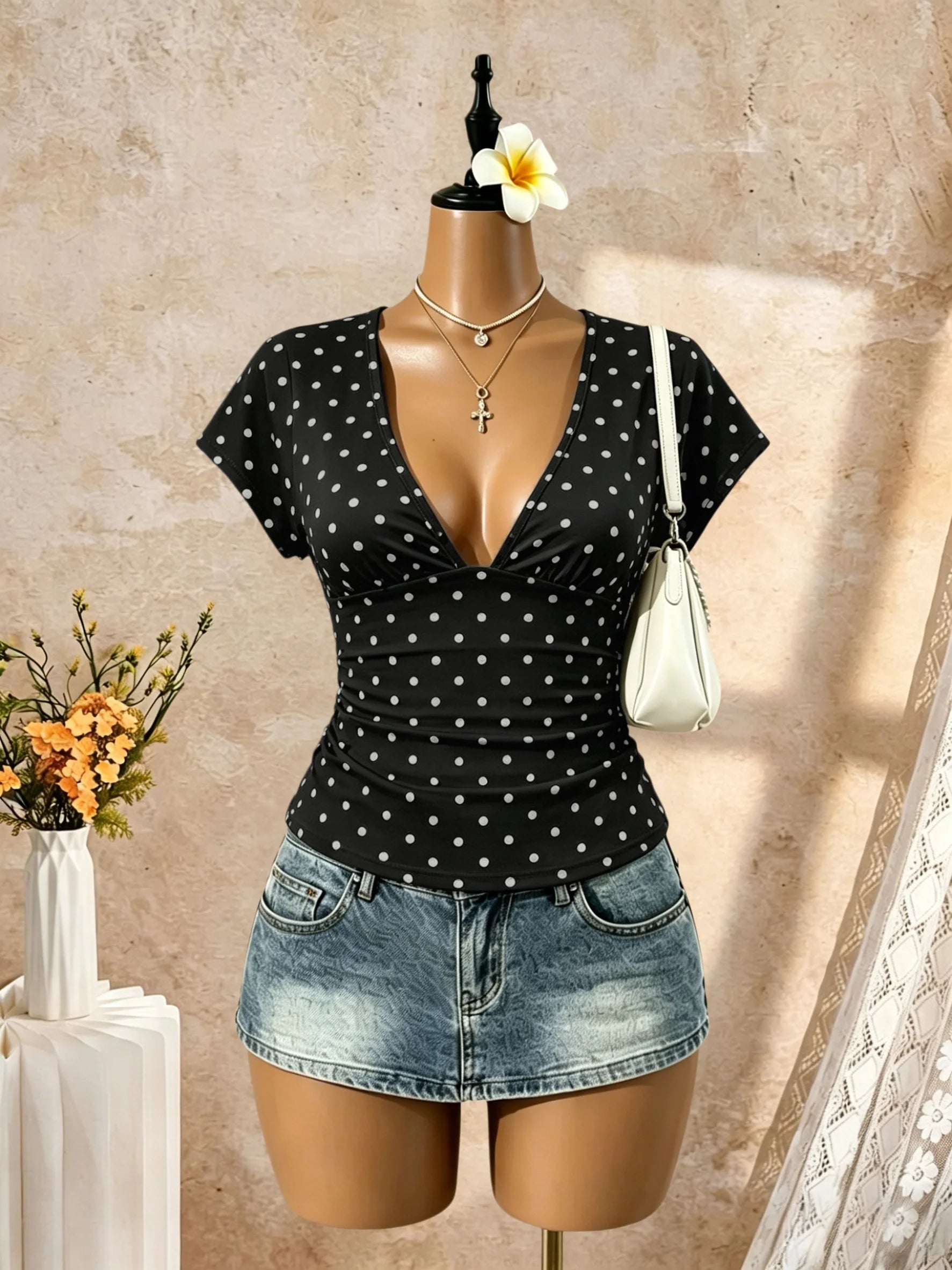 Women Deep V Neck Dolman Short Sleeve Side Ruched Slim Fit Cropped T Shirt 2026 Summer Y2K Solid White Casual Vacation Streetwea