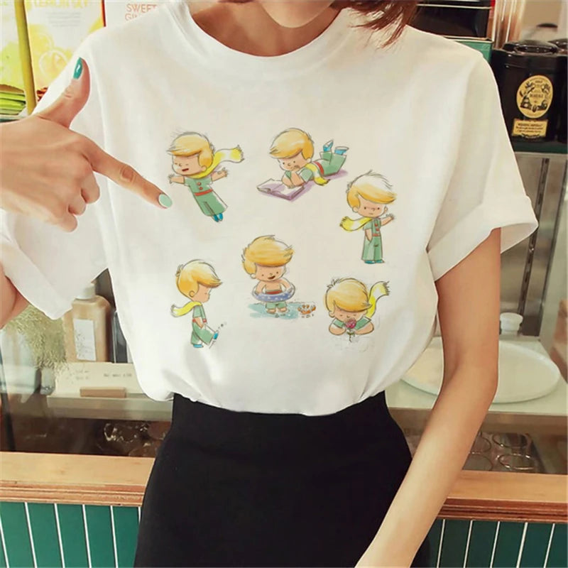 Cartoon T-shirt Anime Printed Pattern Women's T-shirt Rose Pattern Women's T-shirt Round Neck Short Sleeve