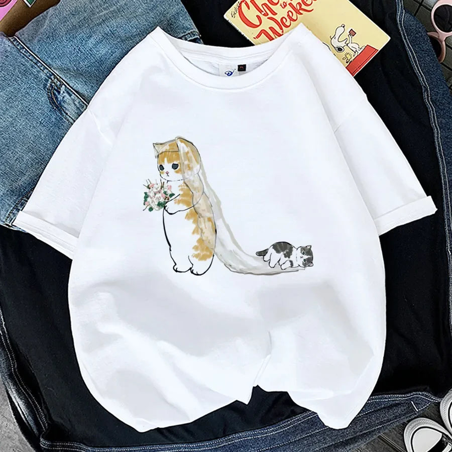 Tops Woman 2024 T Shirt Kawaii Cat Shark Print T-shirt Summer Korean Harajuku Fashion Short Sleeve Tee Funny Animal Graphic Tee